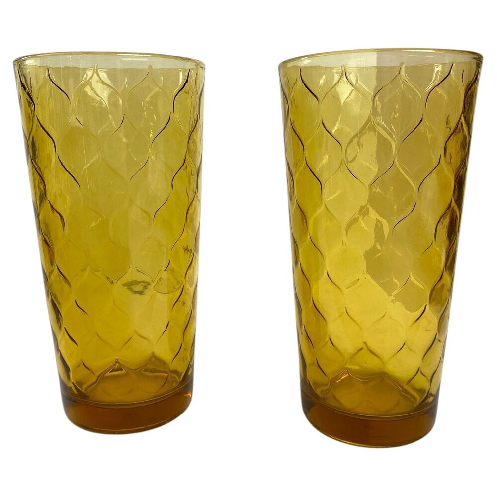 Anchor Hocking Amber Honeycomb Tumblers Set of 2 Textured 12oz Glass USA